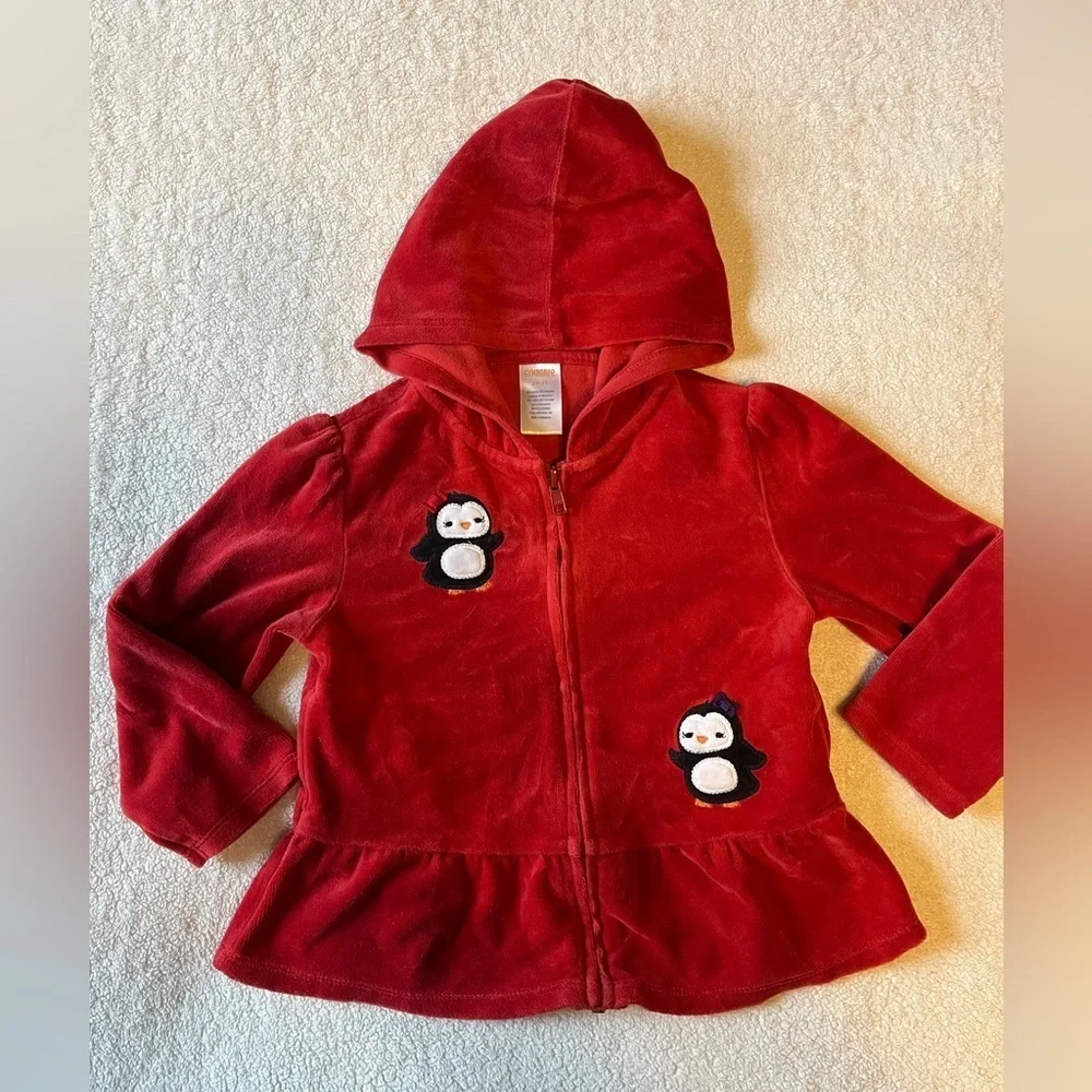 Gymboree Velevt Penguin Full Zip Red Hooded Jacket, size 2-3T